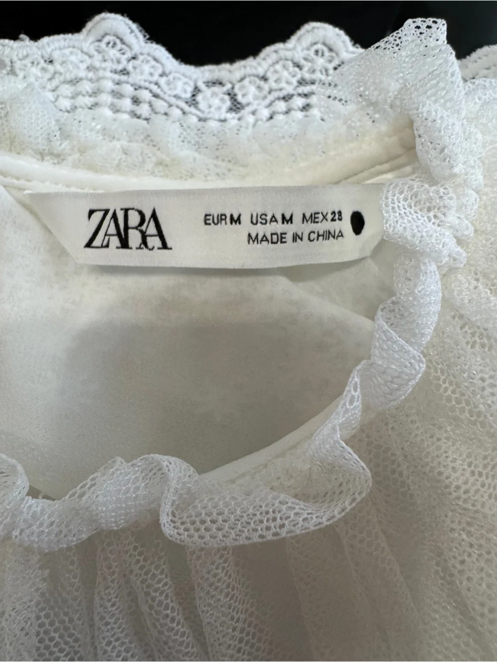 Zara White Sheer Lace Ruffle-Neck Blouse